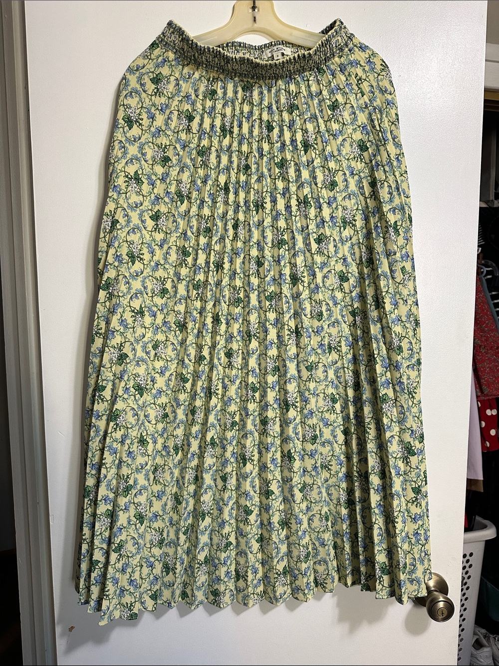 Max Studio yellow Floral Pleated Midi Skirt with Green and Blue Print size S.